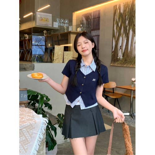 大碼美式學院風條紋短袖襯衫女夏季假兩件襯衣胖mm顯瘦Polo領上衣