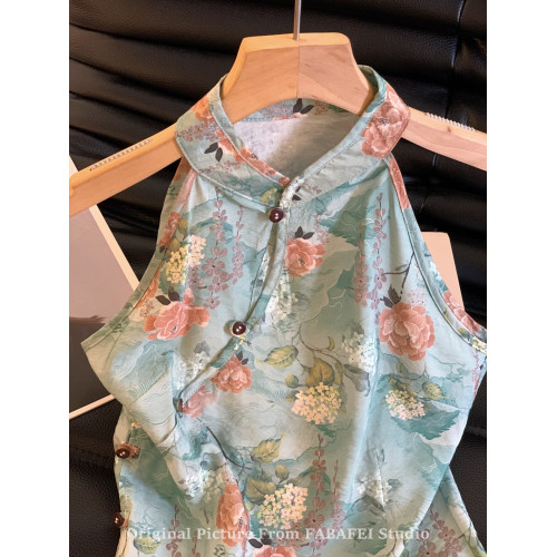 自畱爆款推薦~新中式國風旗袍吊帶背心女2026夏辣妹掛脖網紗上衣