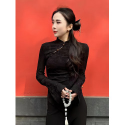 今年流行設計感新中式風立領盤釦長袖t恤女春季2026秋冬新款上衣