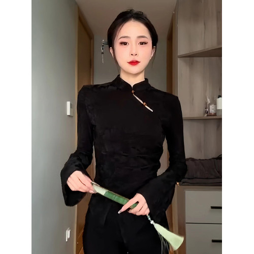 今年流行設計感新中式風立領盤釦長袖t恤女春季2026秋冬新款上衣