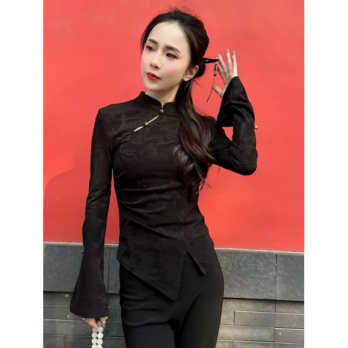 今年流行設計感新中式風立領盤釦長袖t恤女春季2026秋冬新款上衣