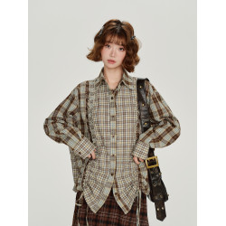 Girlyhalo美式復古格紋拼接長袖襯衫女秋新款抽繩設計感寬鬆襯衣