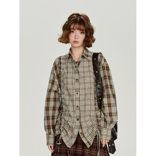 Girlyhalo美式復古格紋拼接長袖襯衫女秋新款抽繩設計感寬鬆襯衣