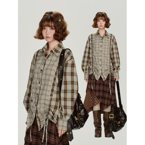 Girlyhalo美式復古格紋拼接長袖襯衫女秋新款抽繩設計感寬鬆襯衣