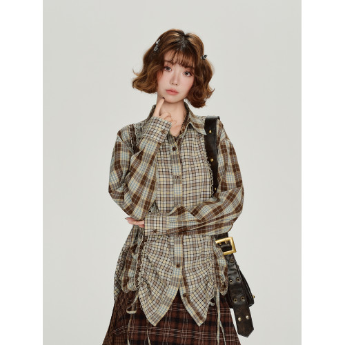 Girlyhalo美式復古格紋拼接長袖襯衫女秋新款抽繩設計感寬鬆襯衣