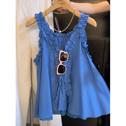 大碼女裝韓版甜美木耳邊吊帶背心夏季休閒胖MM高級感外穿無袖上衣