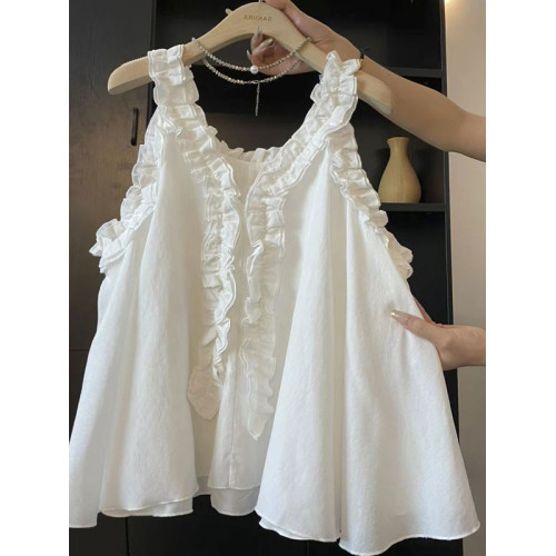 大碼女裝韓版甜美木耳邊吊帶背心夏季休閒胖MM高級感外穿無袖上衣