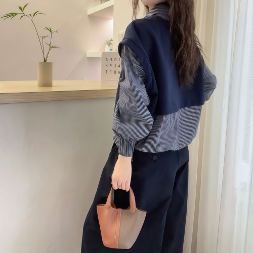 歐洲站2025秋裝新款歐貨假兩件衛衣拼接格子長袖襯衫女春秋襯衫潮