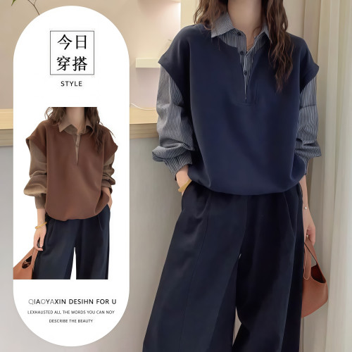 歐洲站2025秋裝新款歐貨假兩件衛衣拼接格子長袖襯衫女春秋襯衫潮