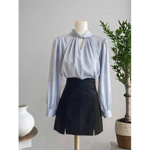 法式輕奢掛脖雪紡襯衫女春秋韓版長袖上衣氣質通勤職業工裝OL襯衣