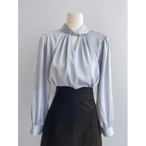 法式輕奢掛脖雪紡襯衫女春秋韓版長袖上衣氣質通勤職業工裝OL襯衣