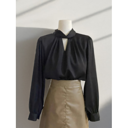 法式輕奢掛脖雪紡襯衫女春秋韓版長袖上衣氣質通勤職業工裝OL襯衣