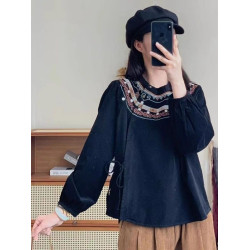 休閒民族風襯衫女2025年春秋新款文藝復古刺綉寬鬆棉麻系帶上衣