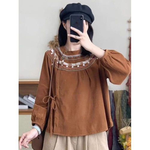 休閒民族風襯衫女2025年春秋新款文藝復古刺綉寬鬆棉麻系帶上衣