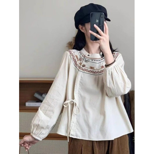 休閒民族風襯衫女2025年春秋新款文藝復古刺綉寬鬆棉麻系帶上衣