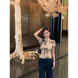 BaiYaShan/白婭衫 新中式國風水墨印花短袖t恤彈力微透修身上衣女