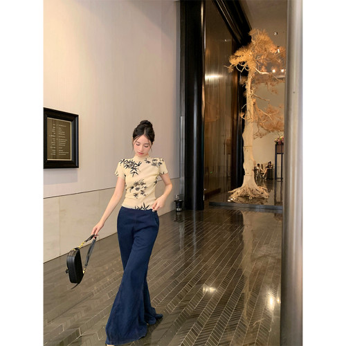 BaiYaShan/白婭衫 新中式國風水墨印花短袖t恤彈力微透修身上衣女