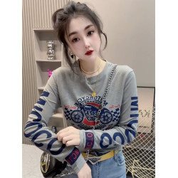 美式正肩圓領摩托車印花長袖T恤女2025秋冬新款寬鬆顯瘦加絨上衣