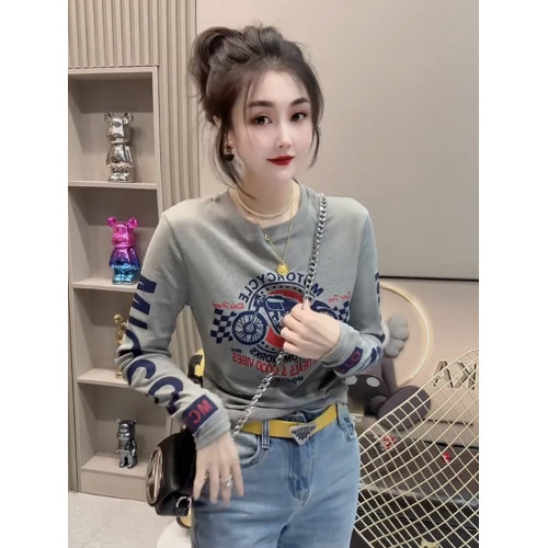 美式正肩圓領摩托車印花長袖T恤女2025秋冬新款寬鬆顯瘦加絨上衣