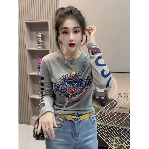美式正肩圓領摩托車印花長袖T恤女2025秋冬新款寬鬆顯瘦加絨上衣