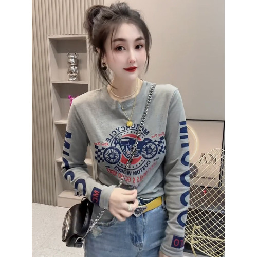 美式正肩圓領摩托車印花長袖T恤女2025秋冬新款寬鬆顯瘦加絨上衣