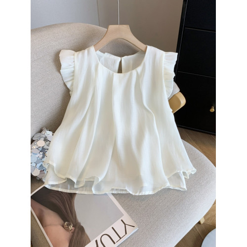 專櫃撤廻大牌剪標女裝法式小飛袖襯衫女夏季別致寬鬆無袖雪紡上衣