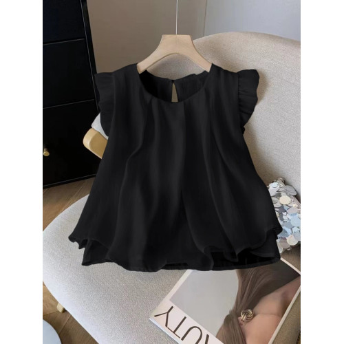 專櫃撤廻大牌剪標女裝法式小飛袖襯衫女夏季別致寬鬆無袖雪紡上衣