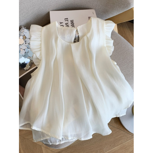 專櫃撤廻大牌剪標女裝法式小飛袖襯衫女夏季別致寬鬆無袖雪紡上衣