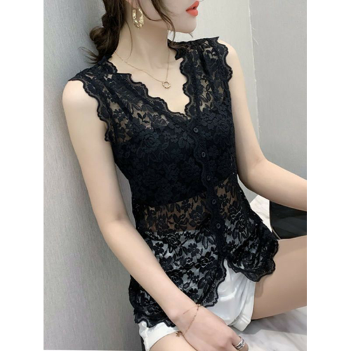 V領蕾絲吊帶心背女夏季新款性感內搭鏤空衫打底無袖網紗上裝外穿