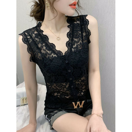V領蕾絲吊帶心背女夏季新款性感內搭鏤空衫打底無袖網紗上裝外穿