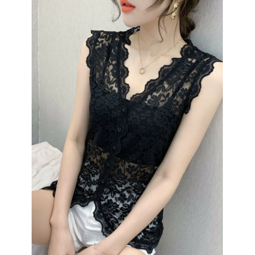 V領蕾絲吊帶心背女夏季新款性感內搭鏤空衫打底無袖網紗上裝外穿