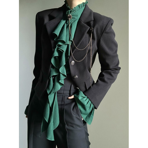 ASAE 復古宮廷風綠色襯衫泡泡袖設計感小衆木耳邊法式男女襯衣