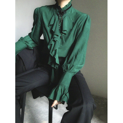 ASAE 復古宮廷風綠色襯衫泡泡袖設計感小衆木耳邊法式男女襯衣