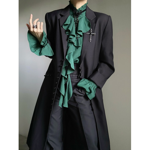 ASAE 復古宮廷風綠色襯衫泡泡袖設計感小衆木耳邊法式男女襯衣