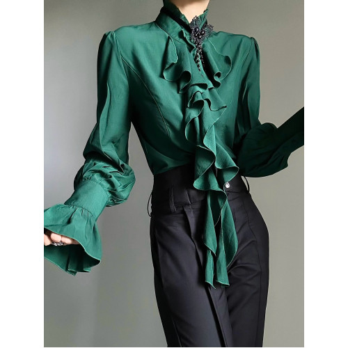 ASAE 復古宮廷風綠色襯衫泡泡袖設計感小衆木耳邊法式男女襯衣