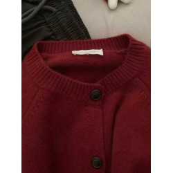 浙江桐鄕濮院復古紅色圓領羊毛針織開衫女秋冬高級感氣質毛衣外套