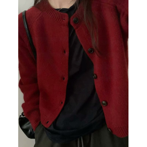 浙江桐鄕濮院復古紅色圓領羊毛針織開衫女秋冬高級感氣質毛衣外套