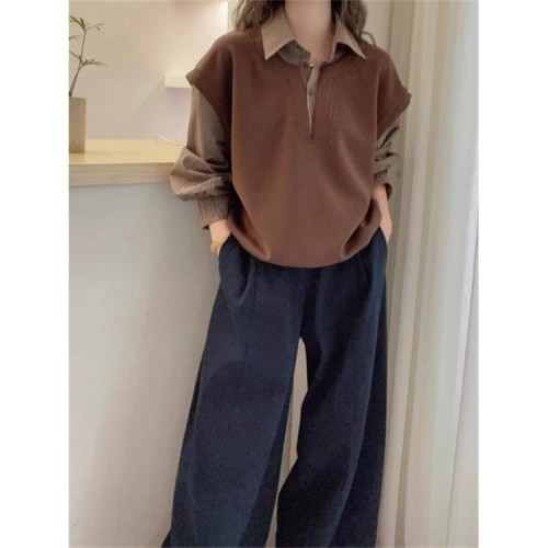 韓版顯瘦百搭休閒復古格子襯衫女2026春秋季假兩件工裝長袖上衣