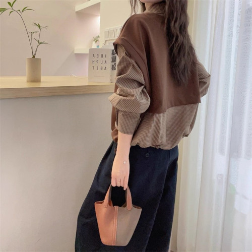 韓版顯瘦百搭休閒復古格子襯衫女2026春秋季假兩件工裝長袖上衣