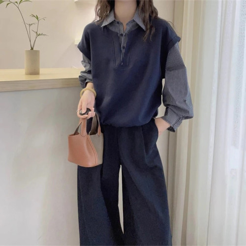 韓版顯瘦百搭休閒復古格子襯衫女2026春秋季假兩件工裝長袖上衣