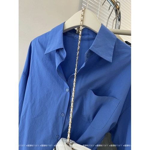 2025新款港風克萊因藍色襯衫春夏法式超顯白上衣高級感曡穿襯衣女