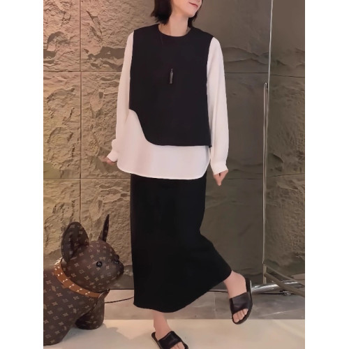 大碼假兩件馬甲拼接長袖襯衫女春季微胖mm設計感寬鬆顯瘦內搭上衣