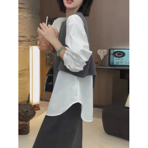 大碼假兩件馬甲拼接長袖襯衫女春季微胖mm設計感寬鬆顯瘦內搭上衣