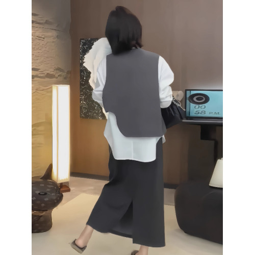 大碼假兩件馬甲拼接長袖襯衫女春季微胖mm設計感寬鬆顯瘦內搭上衣