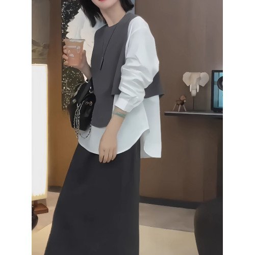 大碼假兩件馬甲拼接長袖襯衫女春季微胖mm設計感寬鬆顯瘦內搭上衣