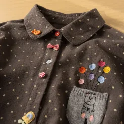 日系減齡圓點磨毛長袖襯衫女春秋寬鬆慵懶風Polo領襯衣曡穿上衣潮