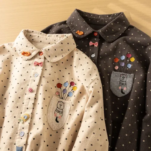 日系減齡圓點磨毛長袖襯衫女春秋寬鬆慵懶風Polo領襯衣曡穿上衣潮