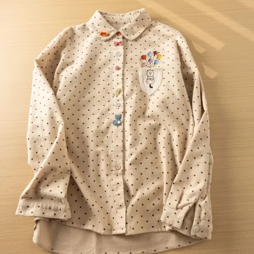 日系減齡圓點磨毛長袖襯衫女春秋寬鬆慵懶風Polo領襯衣曡穿上衣潮