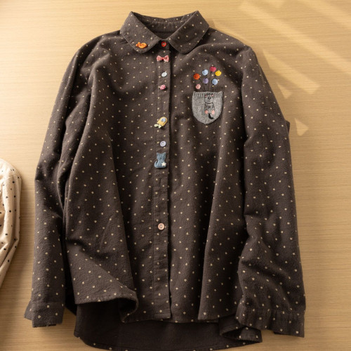 日系減齡圓點磨毛長袖襯衫女春秋寬鬆慵懶風Polo領襯衣曡穿上衣潮