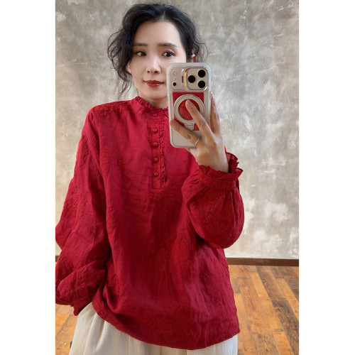 YIMIAN  國風優雅苧麻重工立體刺綉文藝慵懶感雙層上衣26094-1